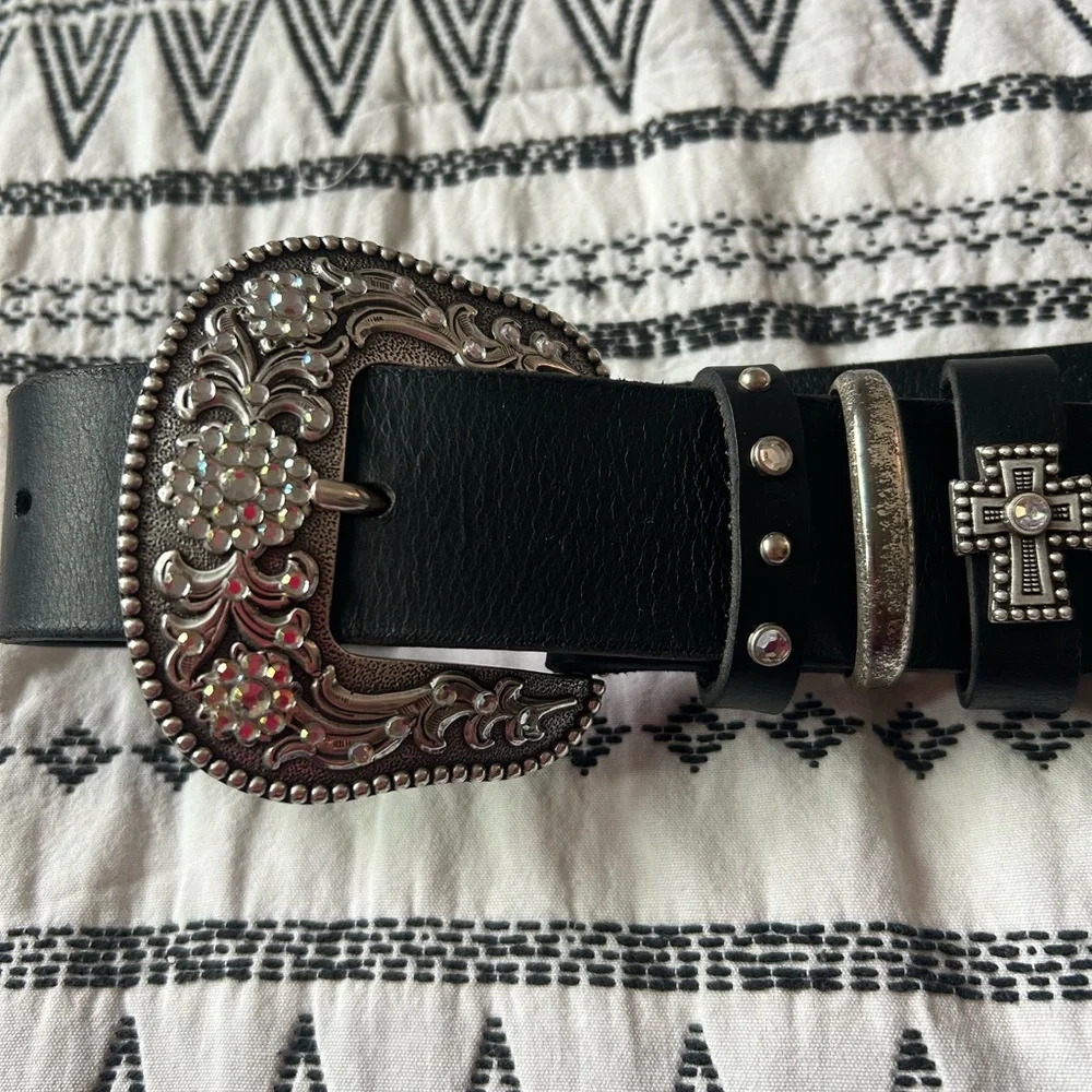 Rhinestone Black Leather Belt - Picture 4 of 6